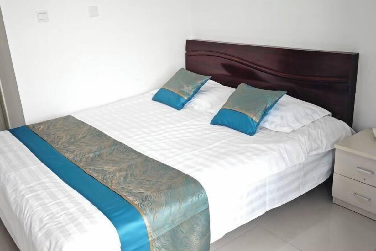 Een net opgemaakt bed met een donker hoofdbord, wit beddengoed en twee decoratieve kussens.