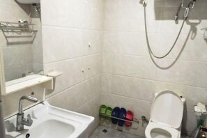 Een badkamer met een wastafel, toilet, douche en een handdoekhouder.