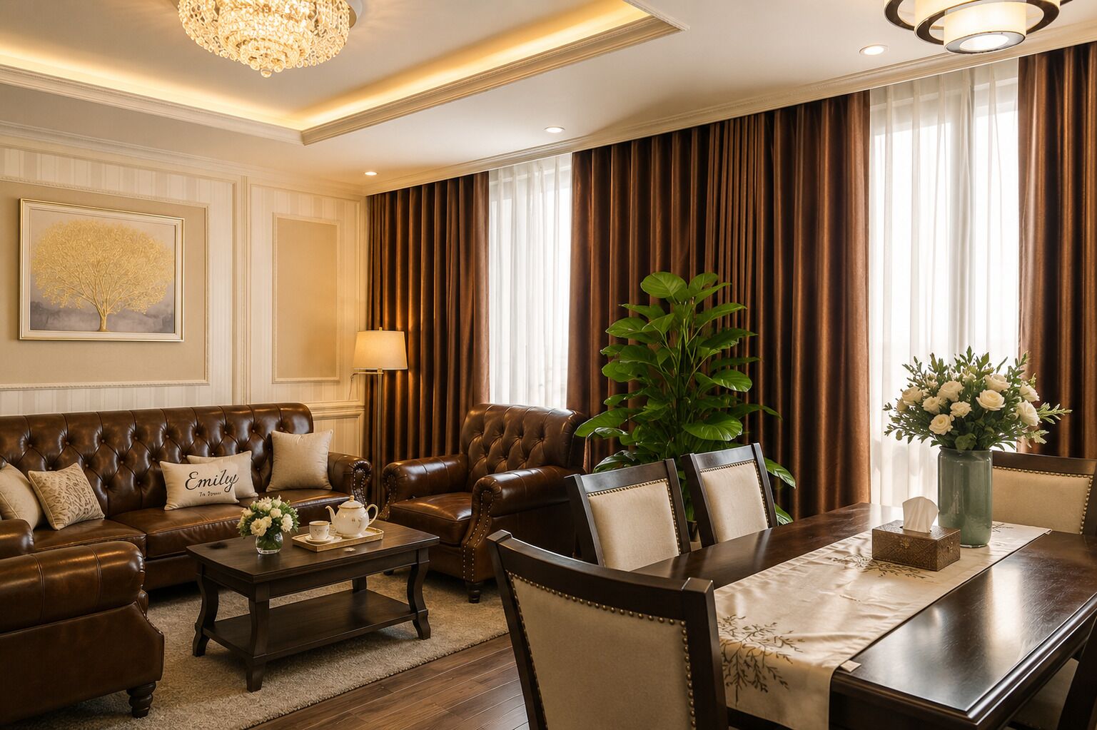 A luxurious living room with a brown leather sofa, a dining table, and a chandelier.