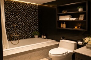 A modern bathroom with a checkered mosaic wall, a bathtub, a toilet, and a shelf with toiletries. - Salute de Léman - Luxury Apartment District 3 (Ho Chi Minh City)