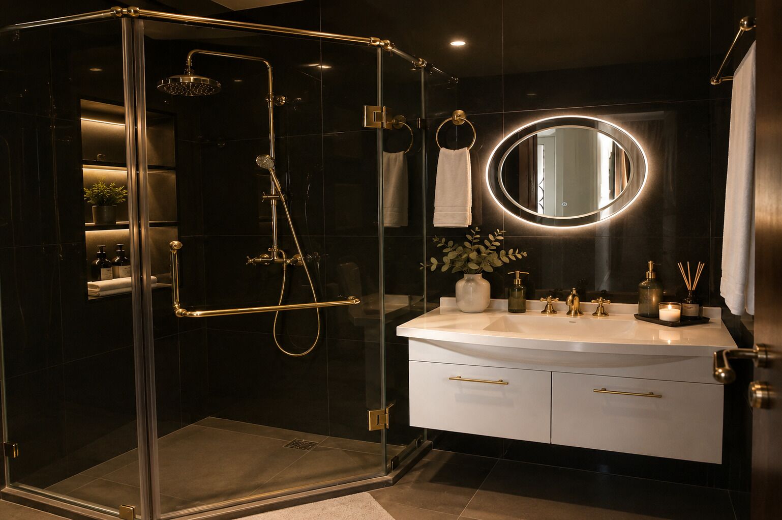 A modern bathroom with a glass-enclosed shower, a vanity with a mirror, and a white countertop.