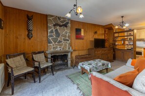Televisión, chimenea y reproductor de DVD 