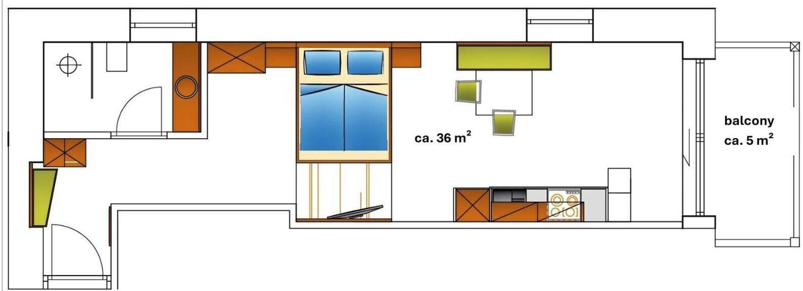 Un plan d’étage comprenant un balcon d’environ 5 mètres carrés, une pièce principale d’environ 36 mètres carrés et un espace cuisine.