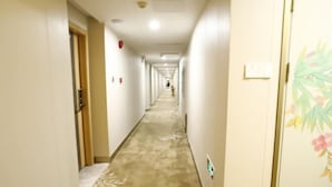 A long, narrow hotel corridor with a carpeted floor, doors on both sides, and a light switch on the right wall. - Cui Zhu Hotel (Shenzhen)