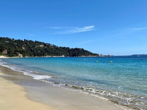 A beach with clear water, a sandy shore, and a forested hill in the background.