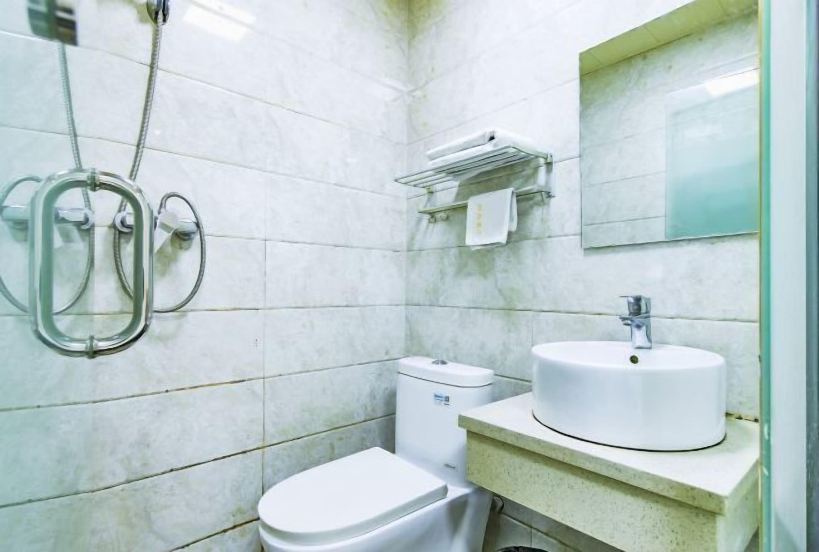 Een badkamer met toilet, wastafel, spiegel en douchekop.