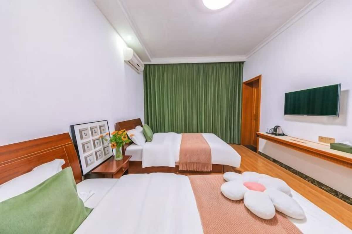 Une chambre d’hôtel avec deux lits, un téléviseur à écran plat, une table de chevet en bois, un rideau vert et une photo encadrée accrochée au mur.