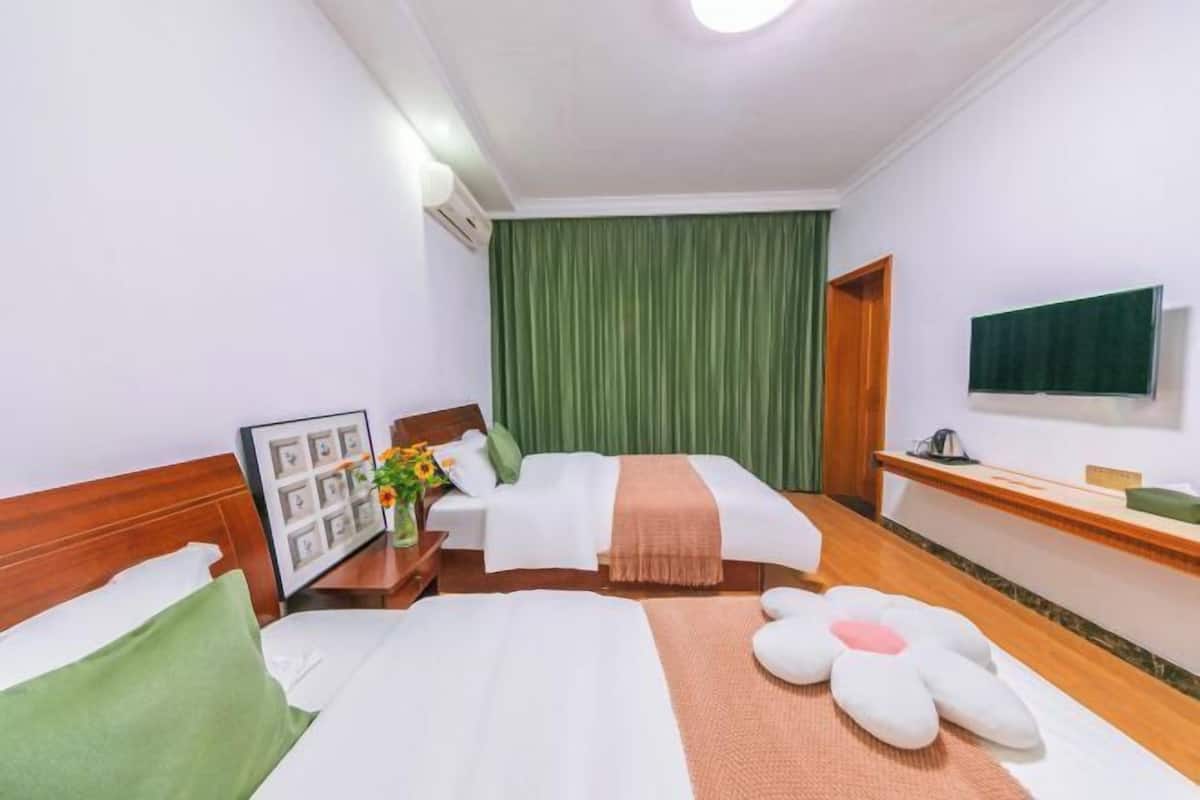 Une chambre d’hôtel avec deux lits, un bureau, une télévision et un rideau vert.