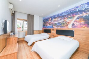 A hotel room with two beds, a wooden floor, a large window, a radiator, a TV, and a cityscape mural on the wall. - 99inn Selected (Beijing South Station Jiaomendong Metro Station) (Beijing)