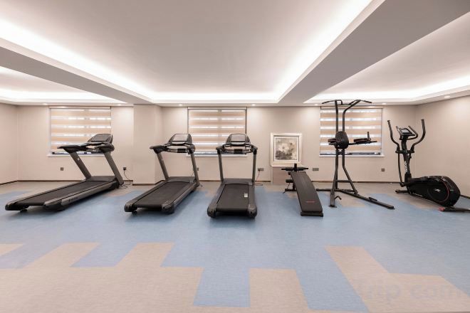 A fitness room with treadmills, a stationary bike, and a rowing machine.