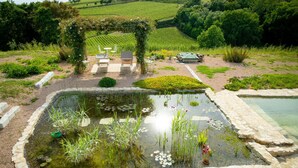 A garden with a pond, seating area, and a pergola.