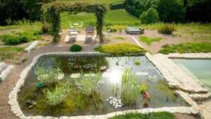 Un jardin avec un bassin, un espace aménagé pour s’asseoir et une pergola.