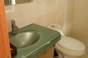 Une salle de bain avec un lavabo vert, des toilettes blanches et un porte-rouleau de papier toilette visible.