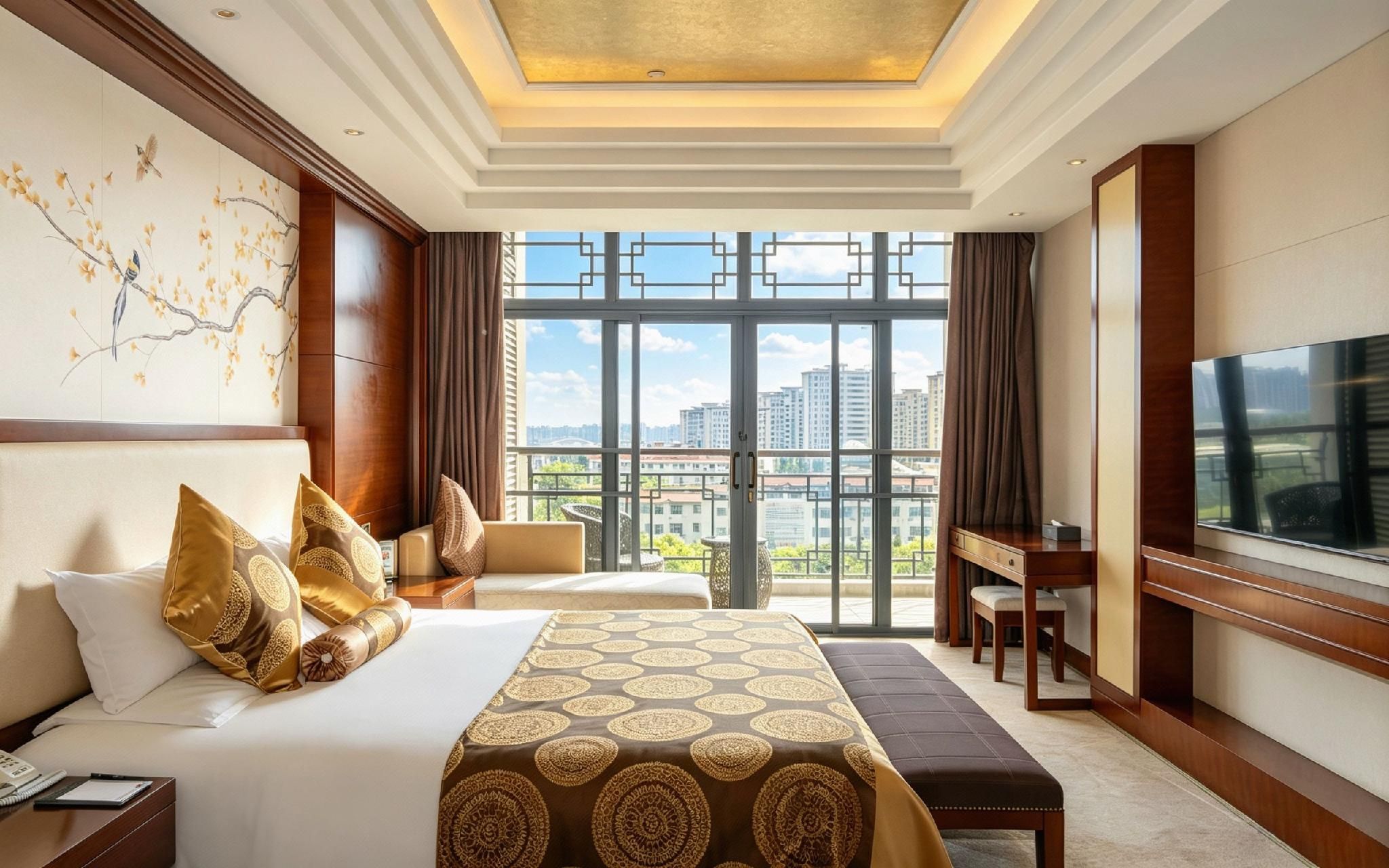 A hotel room with a large bed, a desk, a TV, and a view of the city.