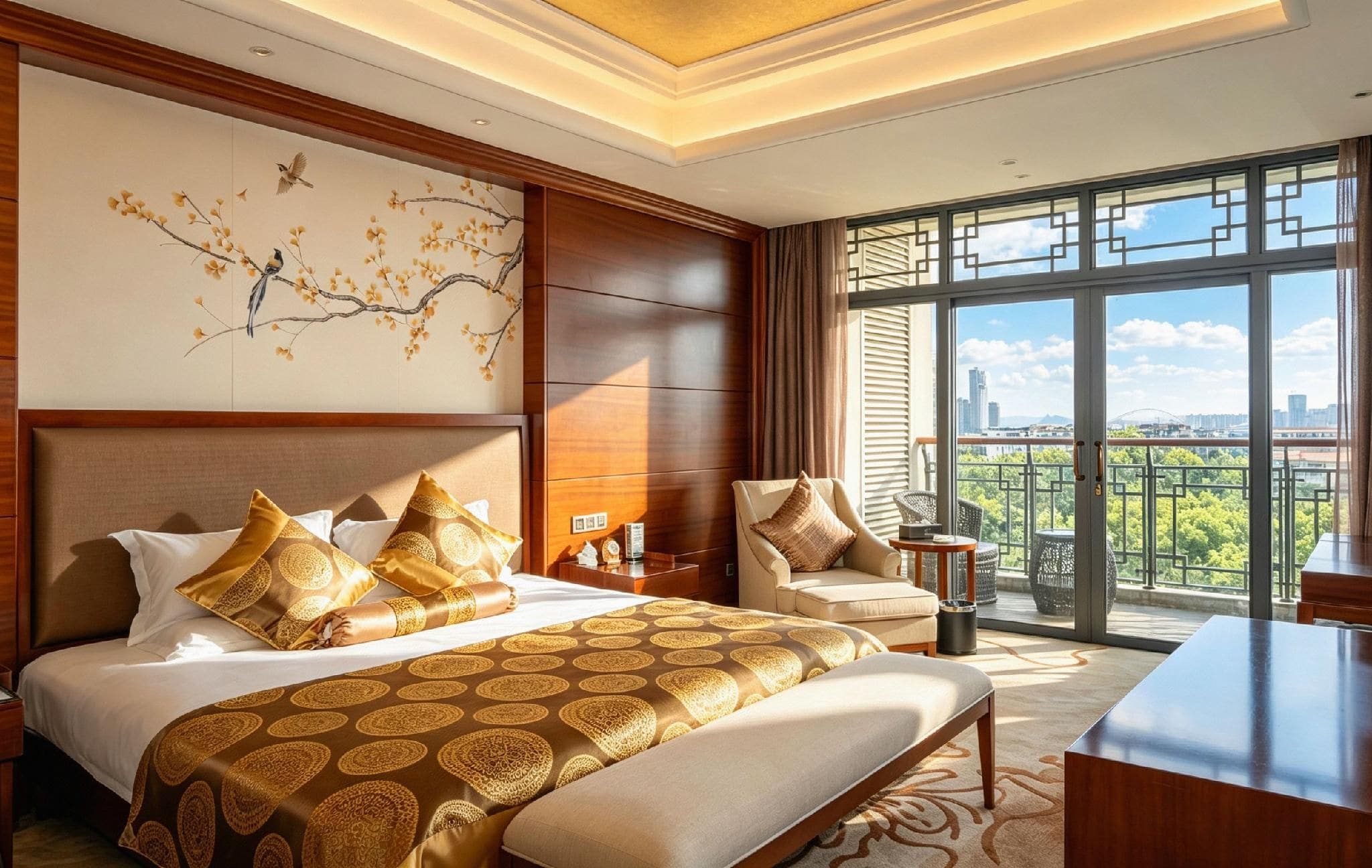 Habitación de hotel con una cama grande, un sofá, un escritorio y un balcón con vista a la ciudad.
