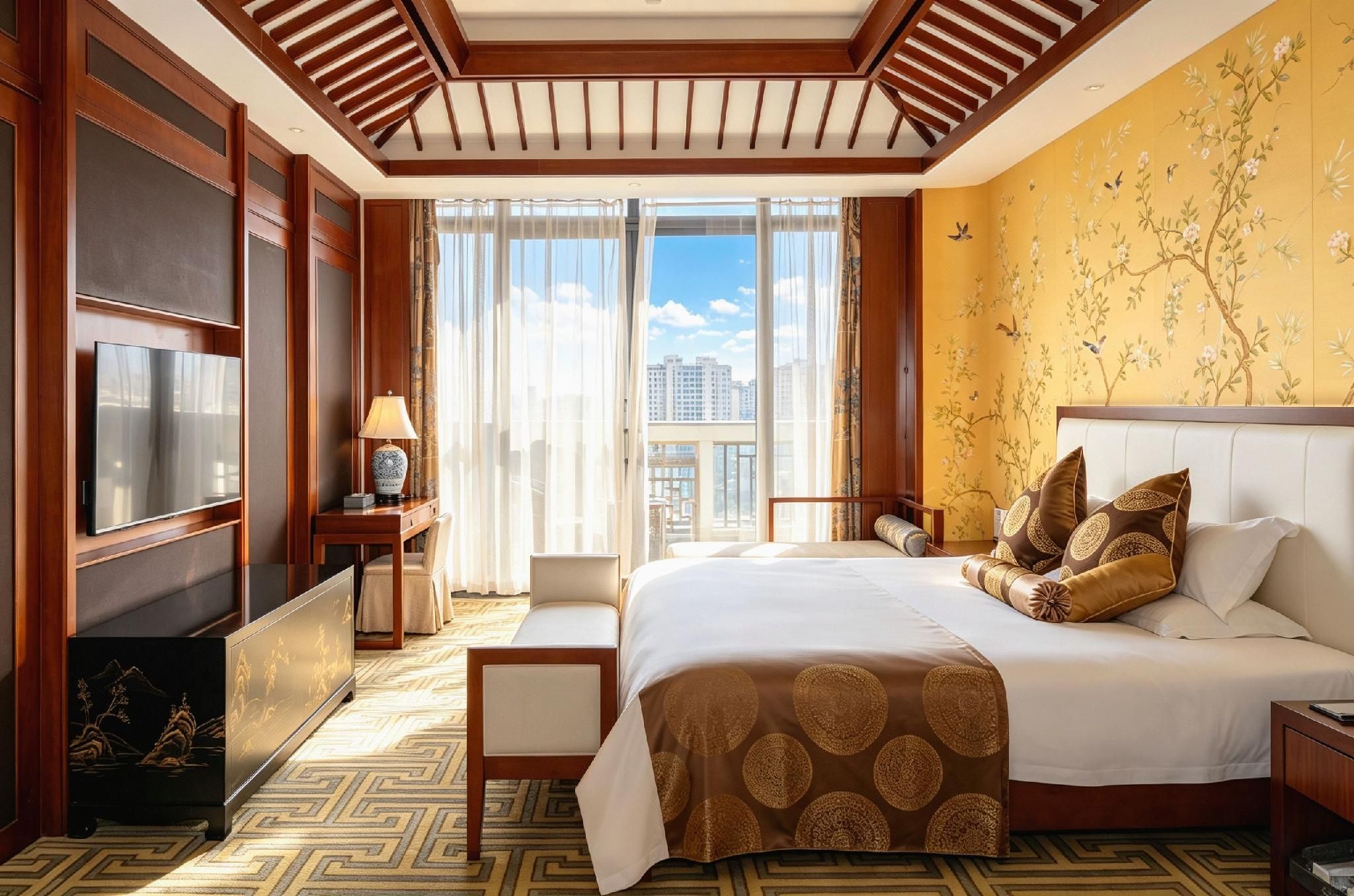 Habitación de hotel con una cama grande, televisión, escritorio con lámpara y vista a la ciudad a través de amplios ventanales.