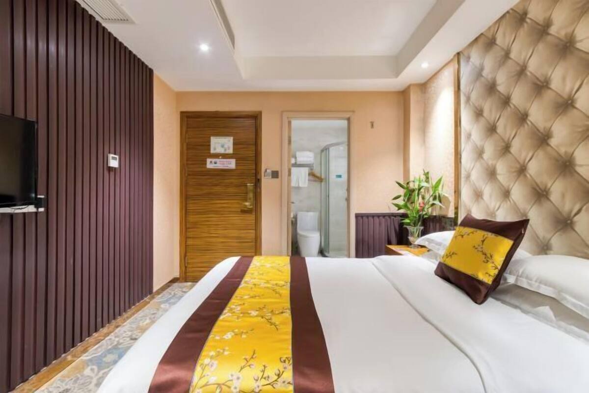 Una camera d'albergo con un letto, una televisione, una porta e una pianta.