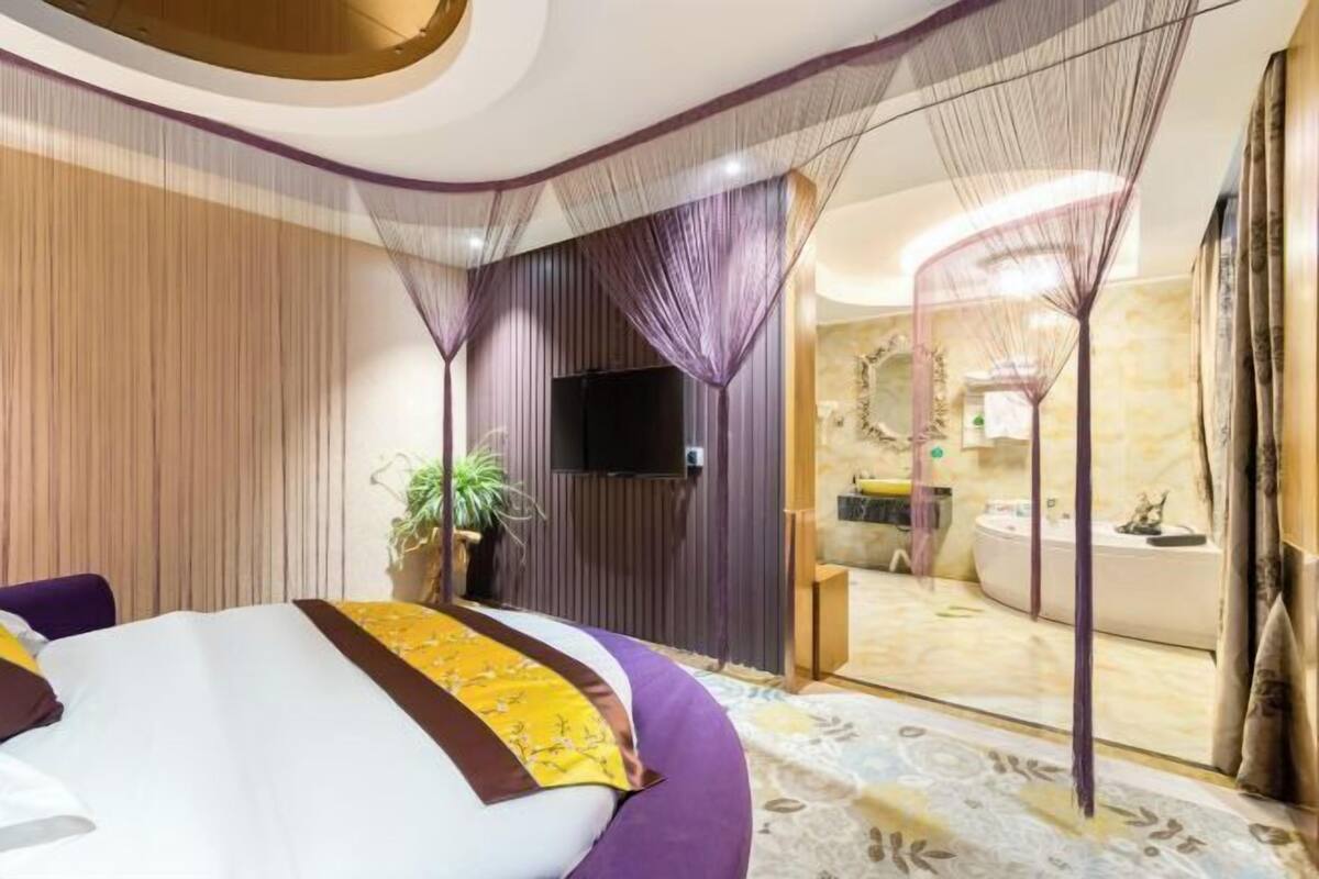 Camera d'hotel moderna con un letto grande, una televisione, un bagno con vasca e un baldacchino decorativo.