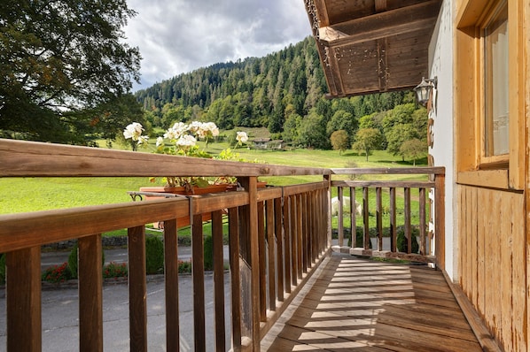 A wooden balcony with a view of a green landscape and a mountain in the background.