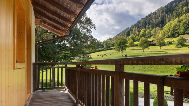 A wooden balcony with a view of a green landscape and trees.