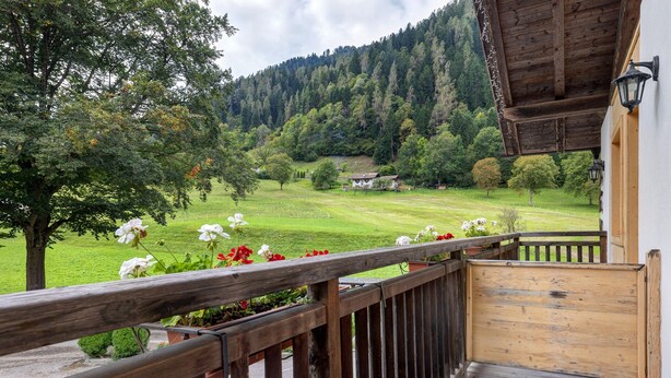 A wooden balcony with a view of a green field and a mountain in the background.