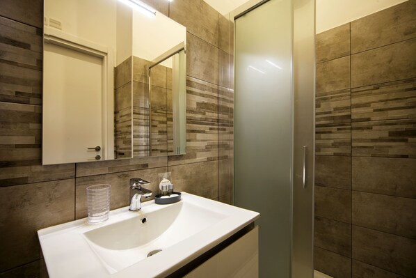 Shower, hair dryer, bidet, towels