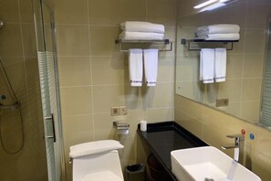 Une salle de bain avec une douche à parois de verre, des toilettes blanches, un lavabo noir et un miroir qui reflète la salle de bain.