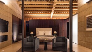A modern bedroom with a large bed, two armchairs, a small table with glasses, and a TV on the left. - Flockhill (Lake Pearson)