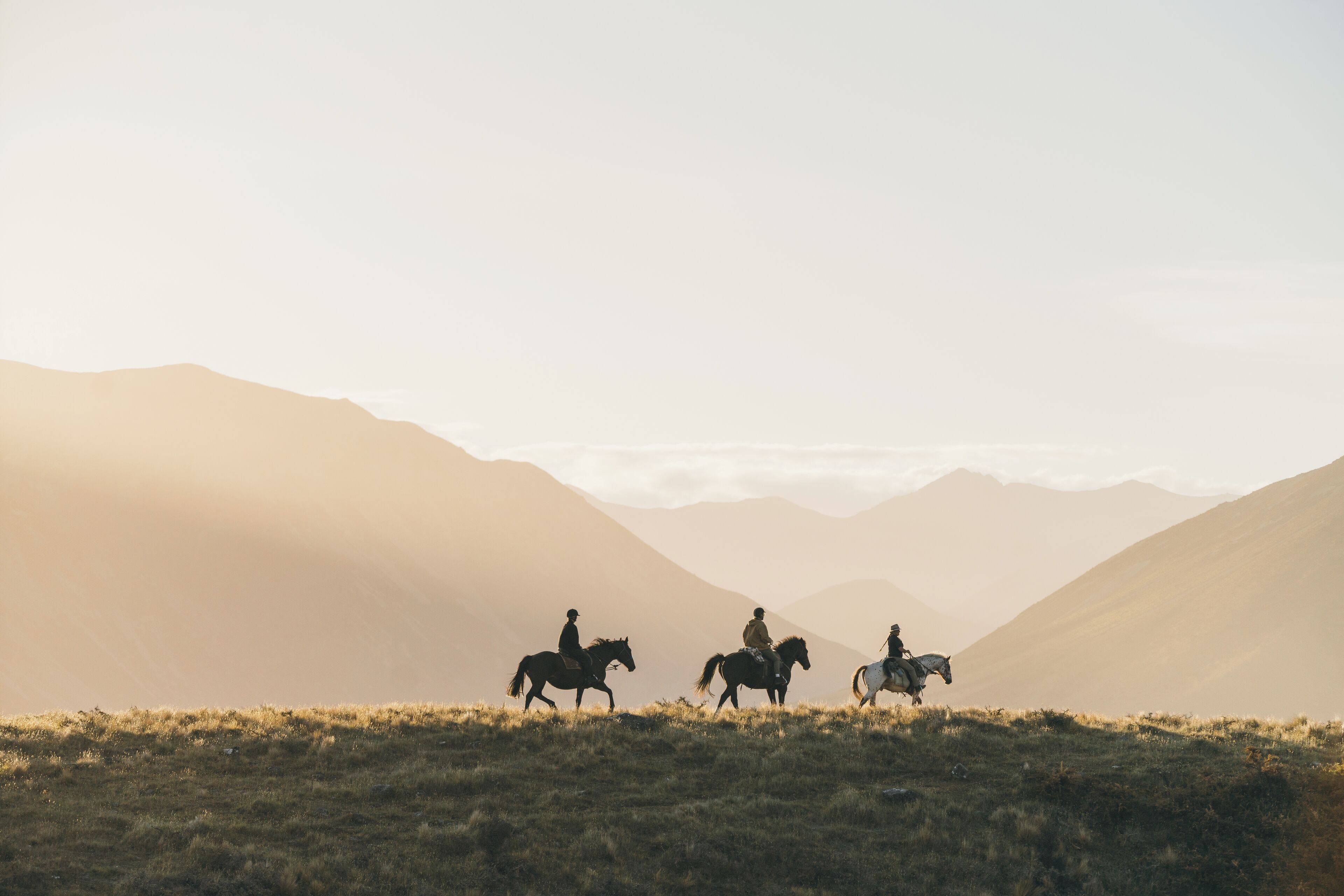 Tres personas montando a caballo por un campo cubierto de hierba, con montañas al fondo.