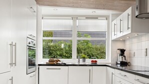 A modern kitchen with white cabinets, a black countertop, and a window with a view of greenery outside.