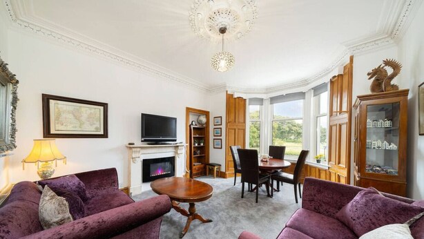 Een woonkamer met een open haard, televisie en een eethoek met stoelen en een tafel.