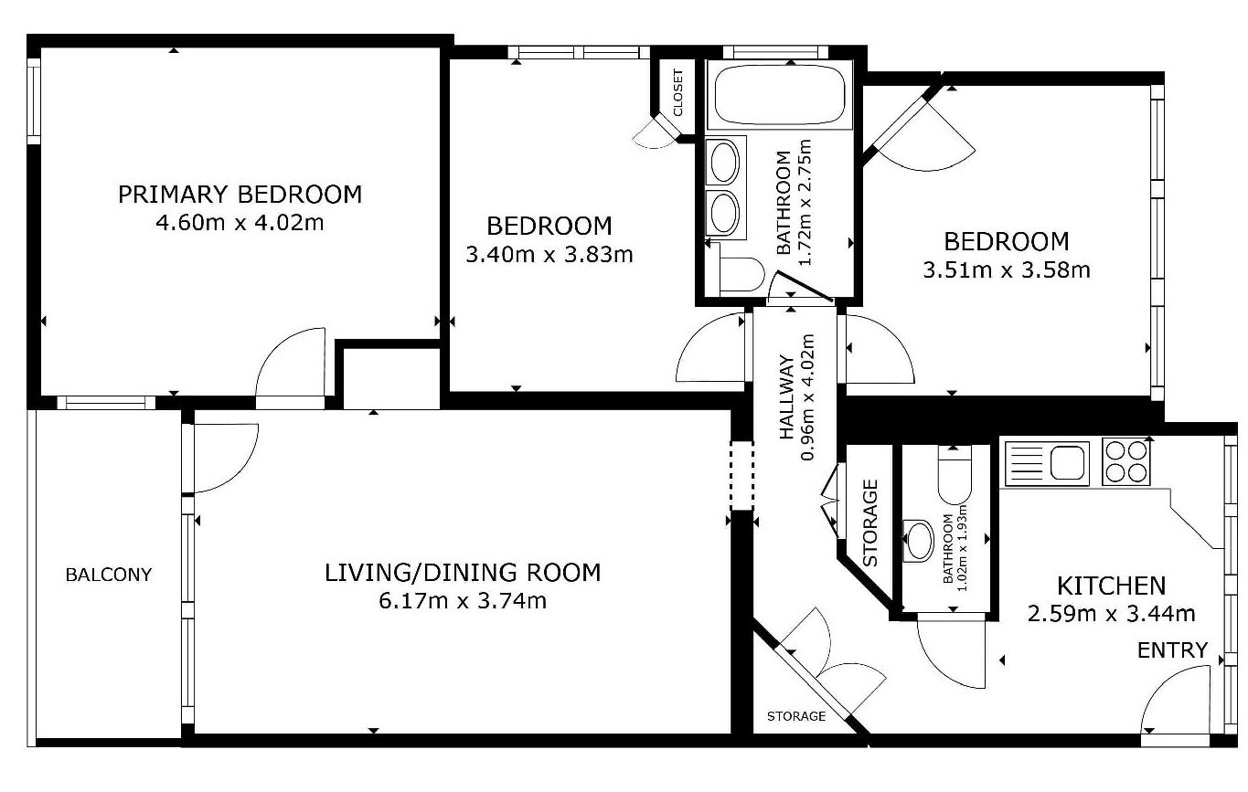 A floor plan of a house with a primary bedroom, two bedrooms, a living/dining room, a balcony, a kitchen, a bathroom, and a storage area.