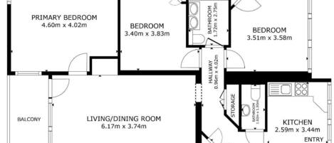 A floor plan of a house with a primary bedroom, two bedrooms, a living/dining room, a balcony, a kitchen, a bathroom, and a storage area.