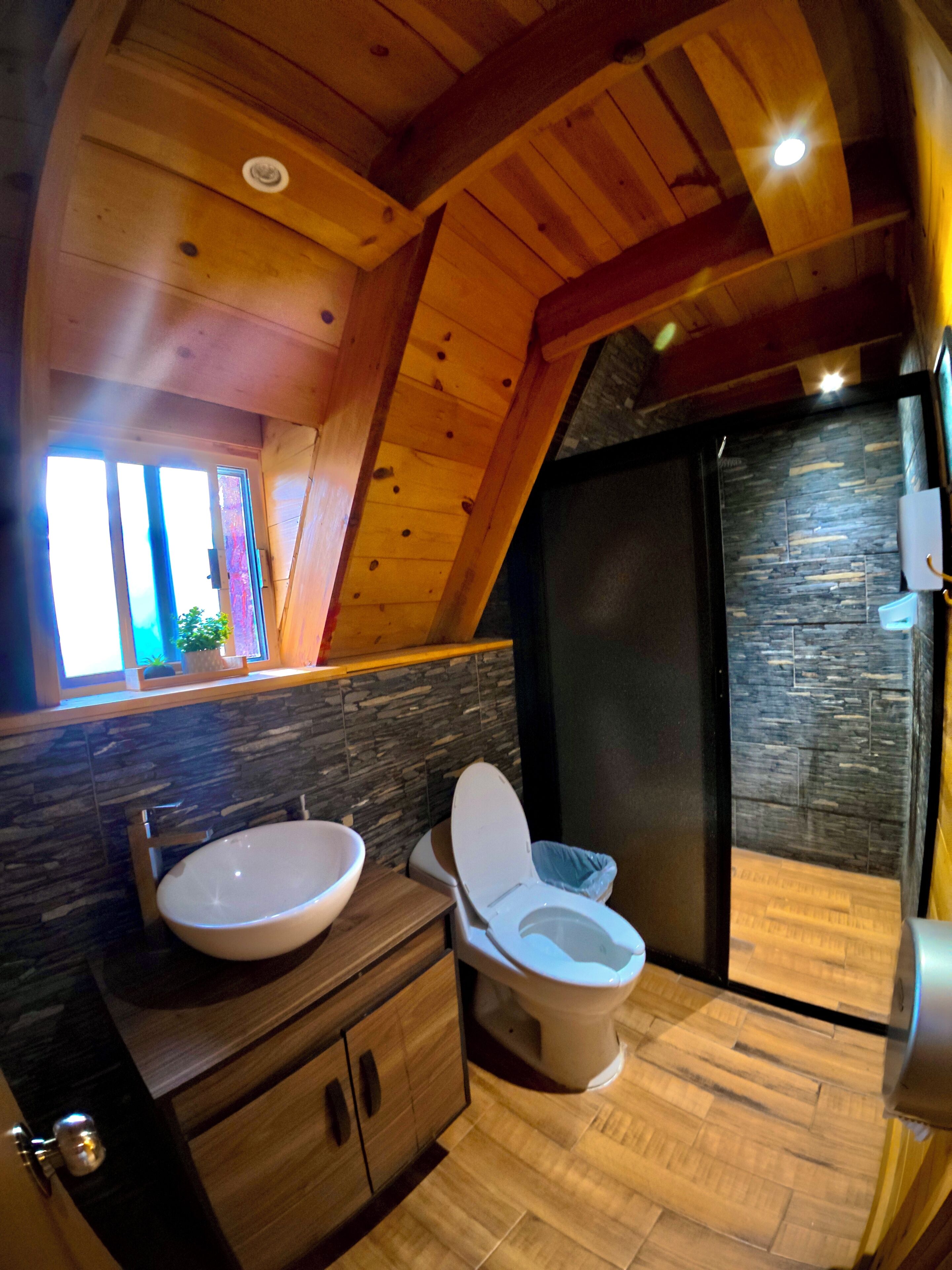 A modern bathroom with a wooden ceiling, a stone wall, a sink, a toilet, and a window with a view.
