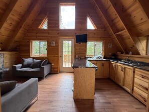 Una cabaña acogedora con techo estilo altillo, una isla central en la cocina y un sofá en la sala.