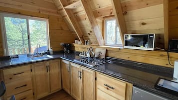 Fridge, microwave, toaster, cookware/dishes/utensils