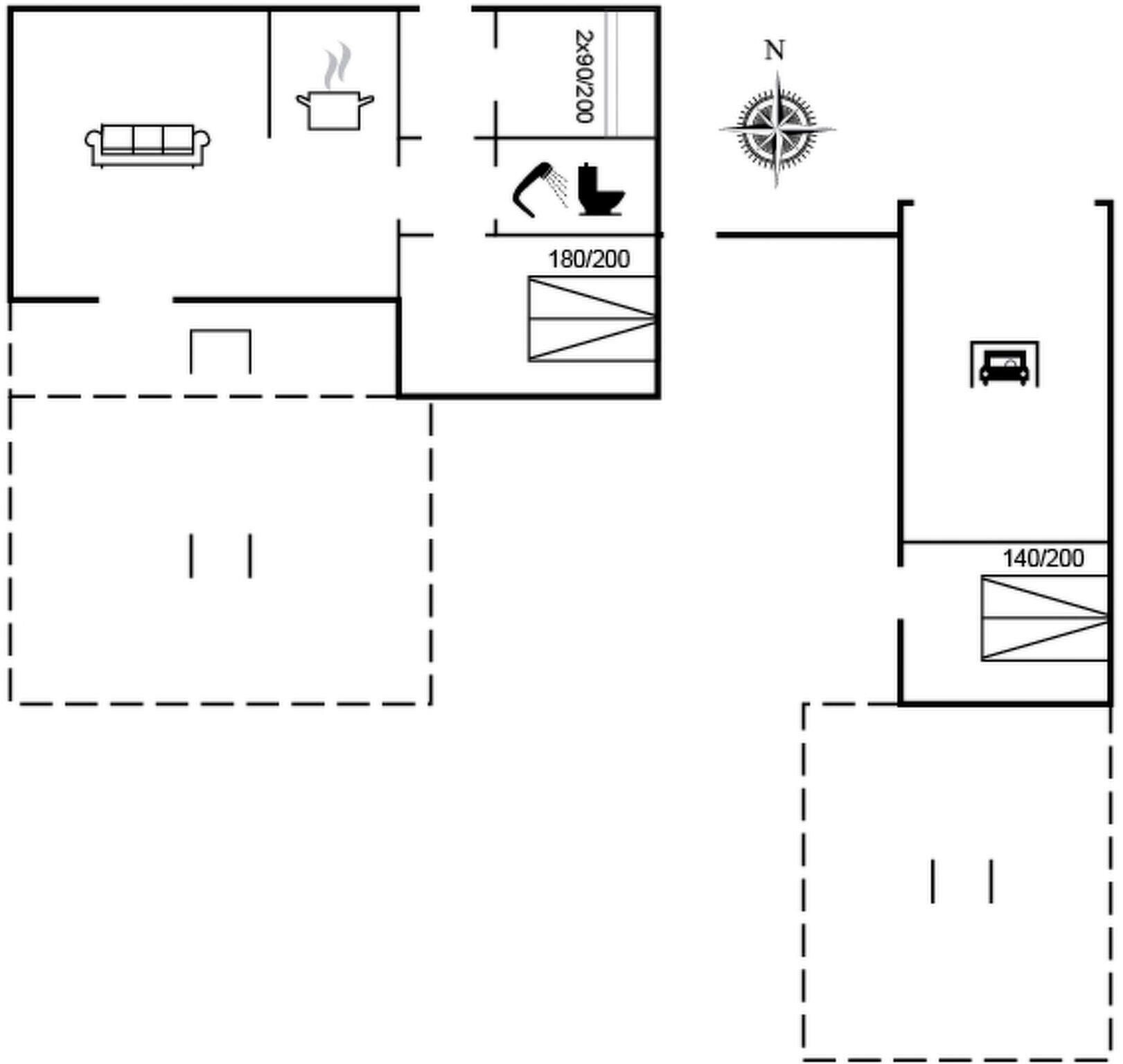 Un plan d’étage comprenant un espace de vie, une kitchenette et une salle de bain.