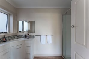Shower, hair dryer, towels