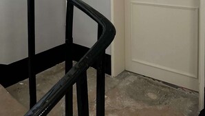 Un escalier avec des rampes noires menant à une porte blanche ornée de motifs en relief.