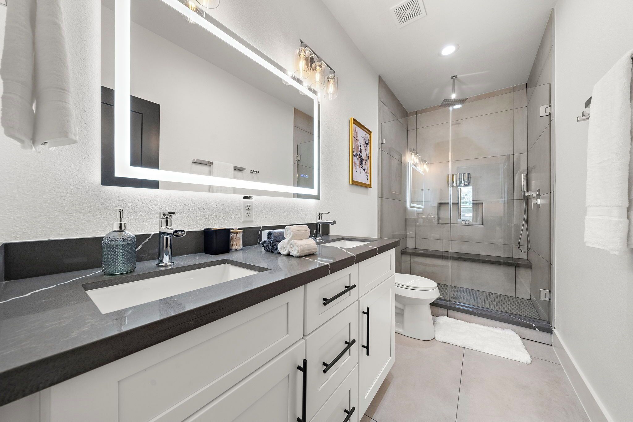 Hair dryer, towels, soap, shampoo