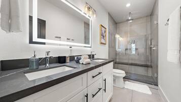 Hair dryer, towels, soap, shampoo