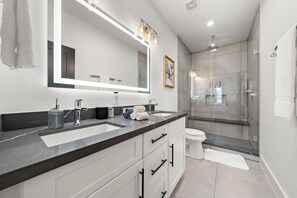 Hair dryer, towels, soap, shampoo