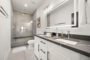 Hair dryer, towels, soap, shampoo