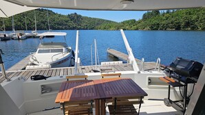 A boat deck with a table and chairs, a grill, and a view of a calm lake with boats and forested hills in the background. - Unusual nights on a 12m boat in the heart of nature (Loire gorges)  (Bully)