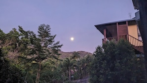 A building with a balcony overlooking a forested area and a hill in the background.