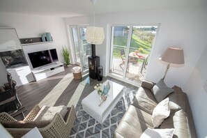 TV, lareira, livros, aparelho de som