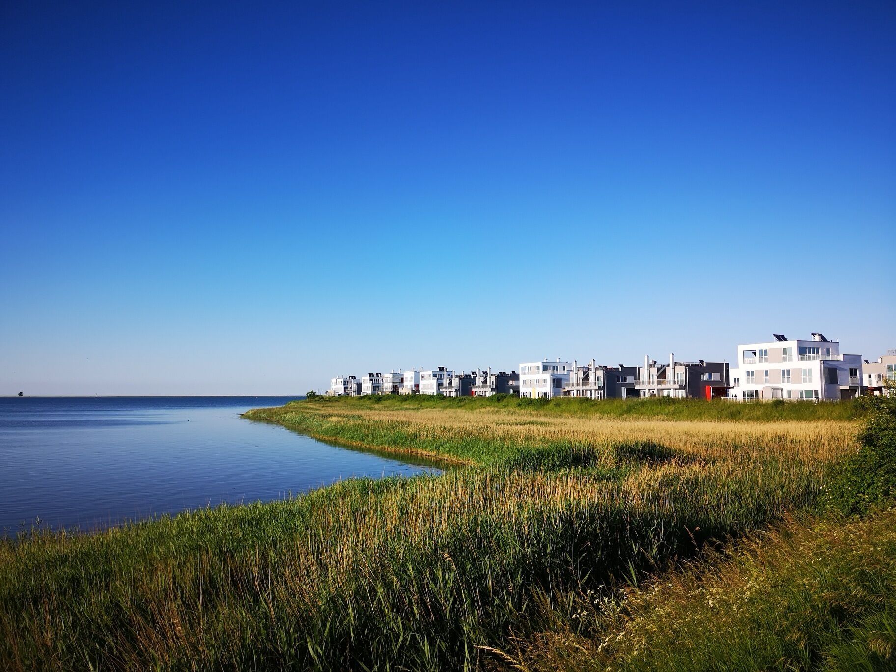 A coastal residential area with modern white buildings, a calm sea, and a grassy foreground.