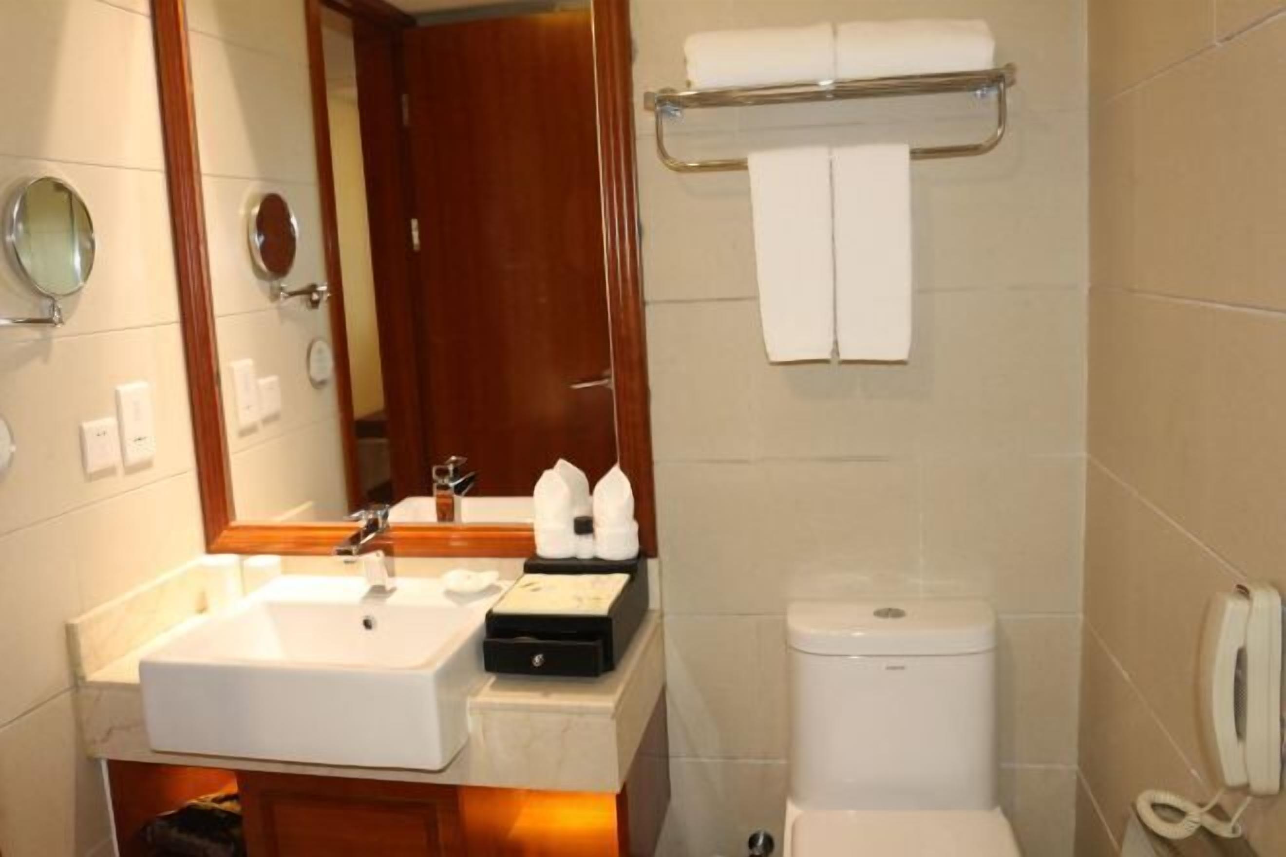 A bathroom with a sink, mirror, toilet, and towel rack.