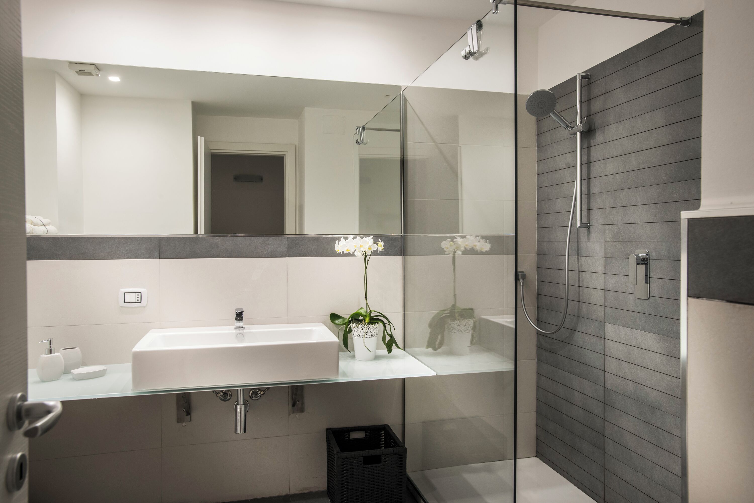Une salle de bain moderne avec une douche en verre, un lavabo blanc et une orchidée en pot.