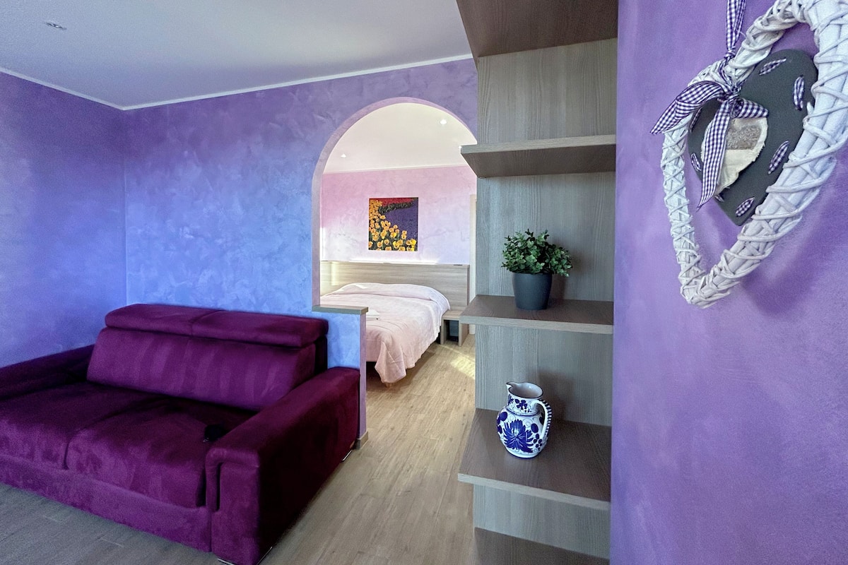 Habitación con decoración púrpura, un sofá, una cama, una mesita y un estante en la pared con una planta y objetos decorativos.